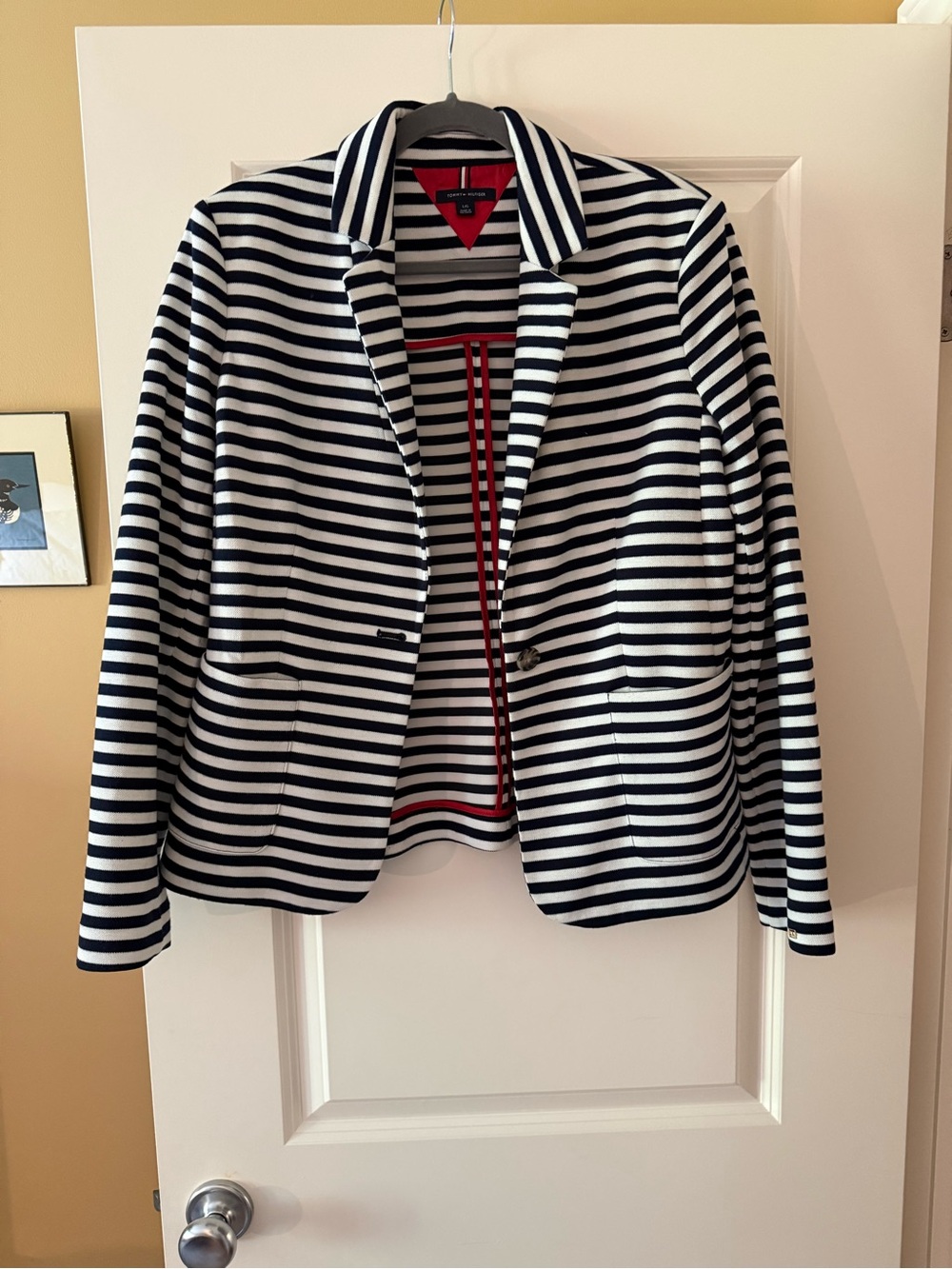 Tommy Hilfiger Women's Navy & White Striped Blazer Jacket - Tailored Knit Blazer